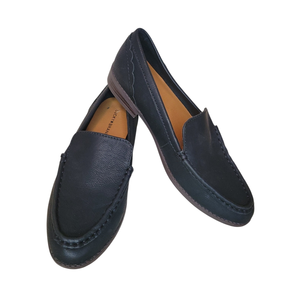 Lucky Brand Black Leather Loafers Womens Classic Moc Toe Slip On Preppy 7.5